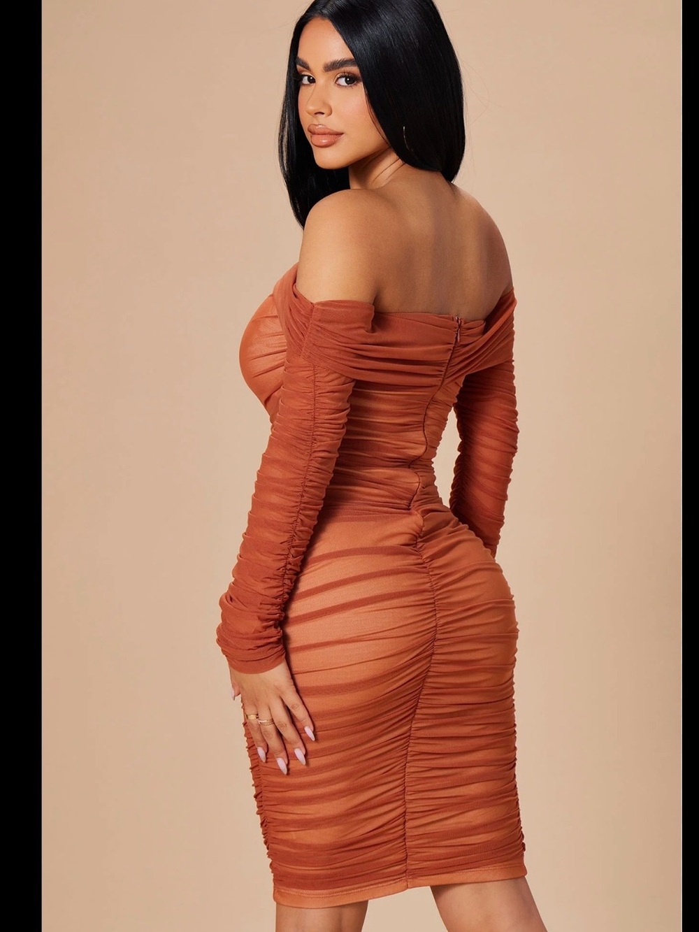 Fashion Nova Off-Shoulder Rust Ruched Midi Dress